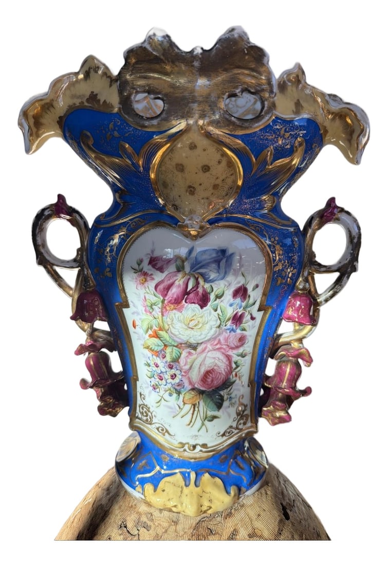 Large 19th C Bohemian Porcelain Vase Cobalt Blue Gold Floral Rococo 18": Offered is an exceptional large 19th-century Continental European porcelain parlor vase, attributed to Bohemian / Austro-Hungarian manufacture, dating to the late Victorian period (circa