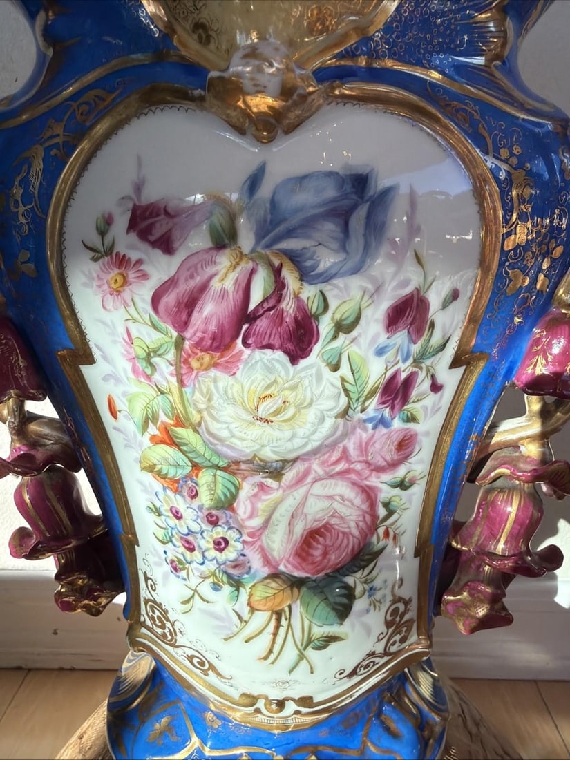 Large 19th C Bohemian Porcelain Vase Cobalt Blue Gold Floral Rococo 18" - 2