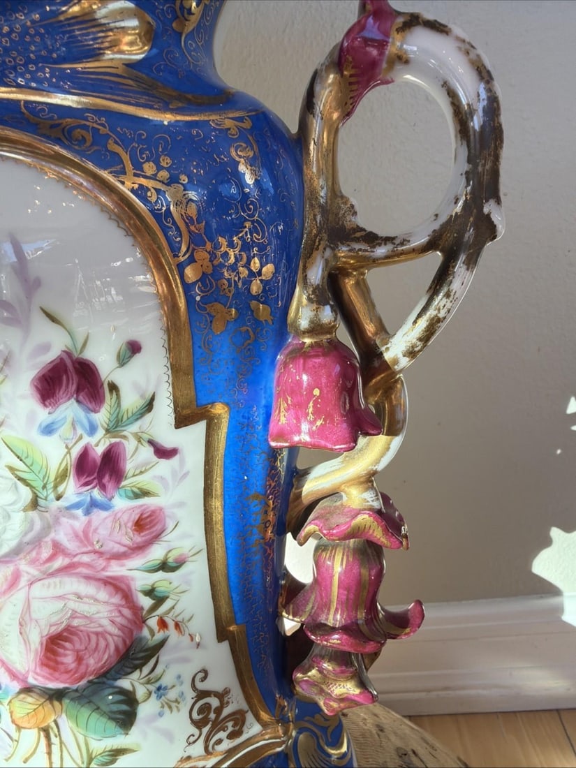 Large 19th C Bohemian Porcelain Vase Cobalt Blue Gold Floral Rococo 18" - 3
