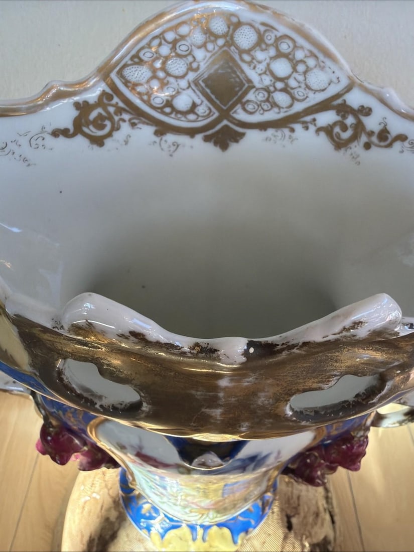 Large 19th C Bohemian Porcelain Vase Cobalt Blue Gold Floral Rococo 18" - 4
