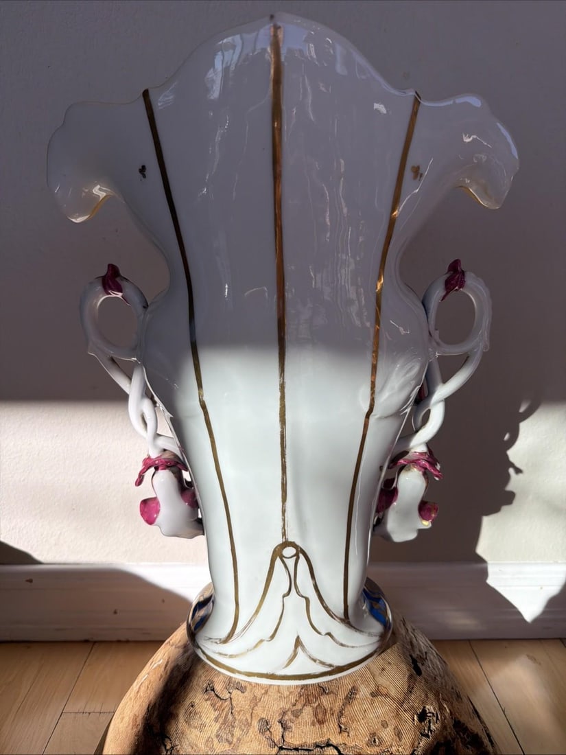 Large 19th C Bohemian Porcelain Vase Cobalt Blue Gold Floral Rococo 18" - 6