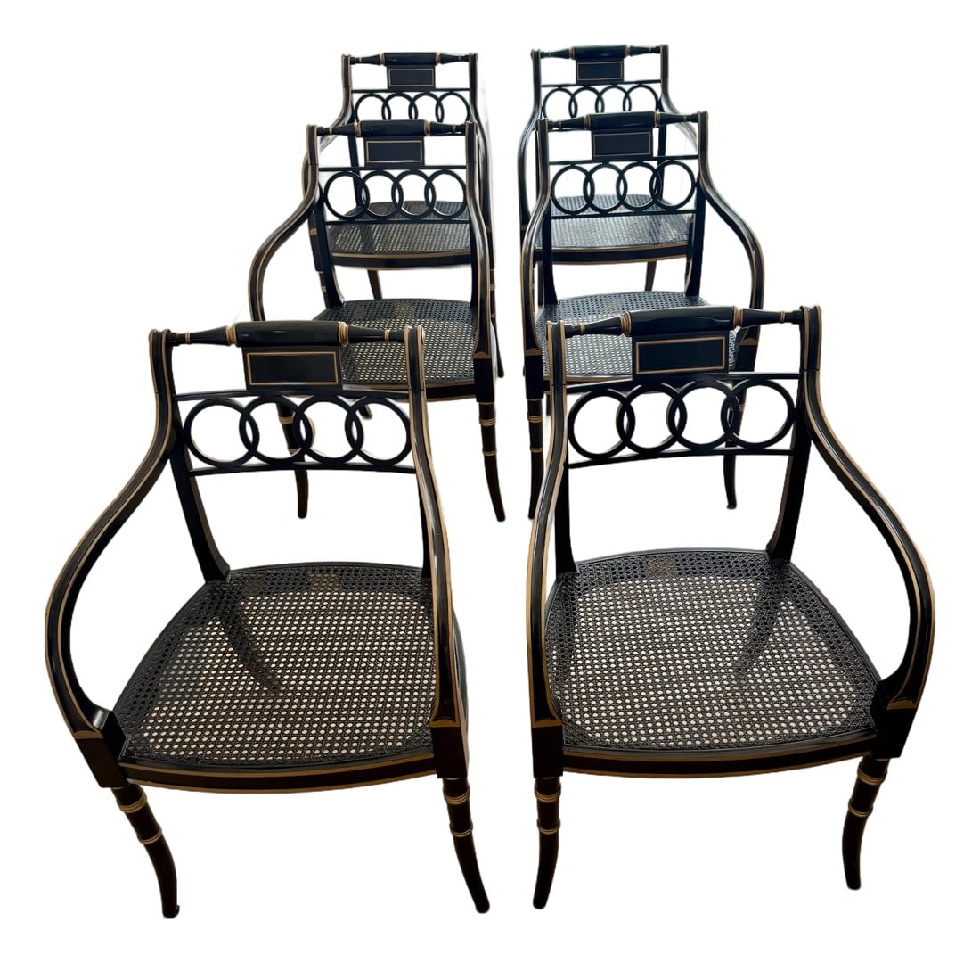 Set of 8 Baker "Governor Alston" Historic Charleston Collection Armchairs: An exceptional and rare uniform set of eight (8) "Governor Alston" Regency-style armchairs from the Baker Historic Charleston Collection. Reproducing 19th-century originals, these chairs feature eboni