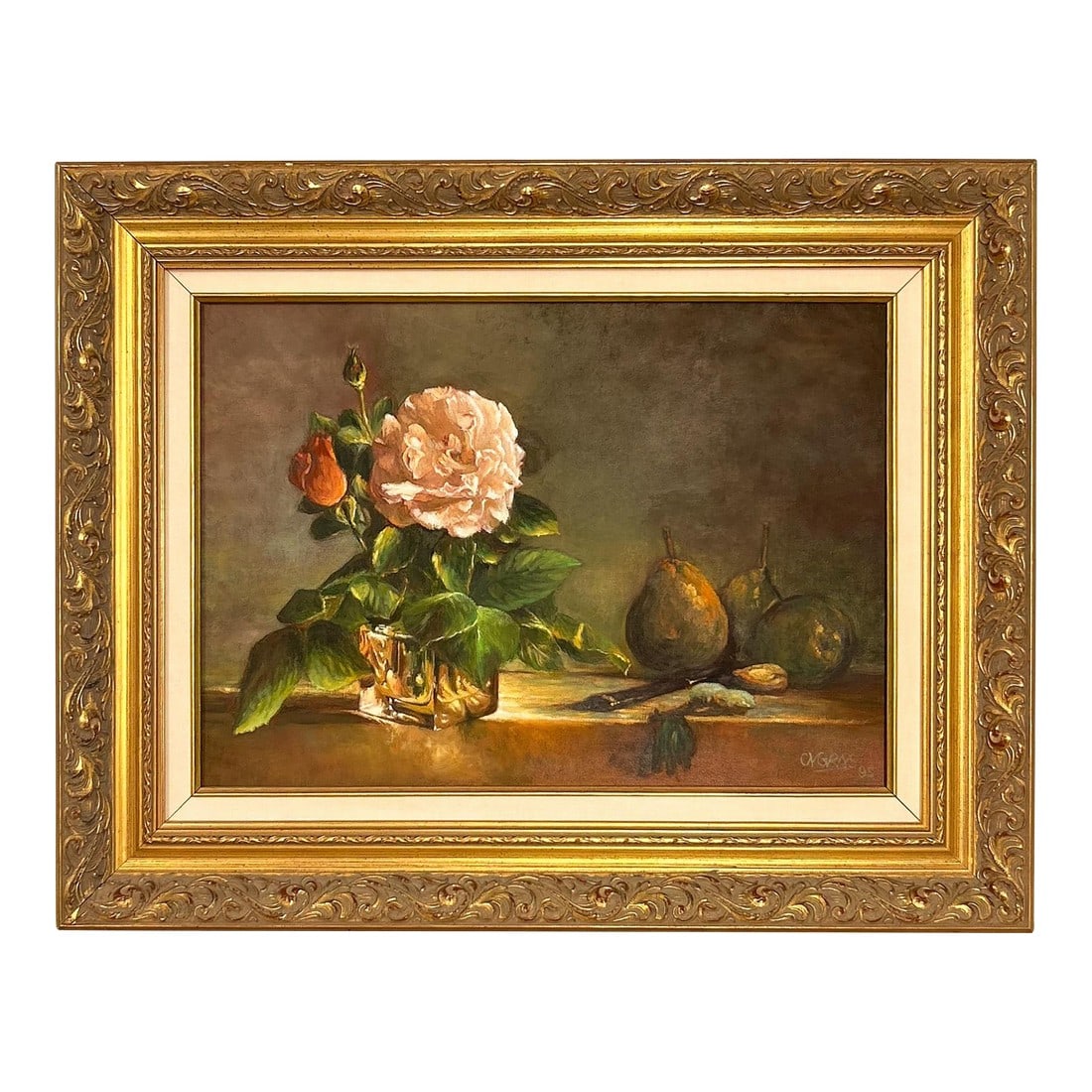 Vintage Still Life in Oil: Mid-century French still life oil painting featuring a delicate pink rose, ripe pears, and rich, earthy tones. Set in an ornate gilt frame, this piece exudes timeless elegance and classic European