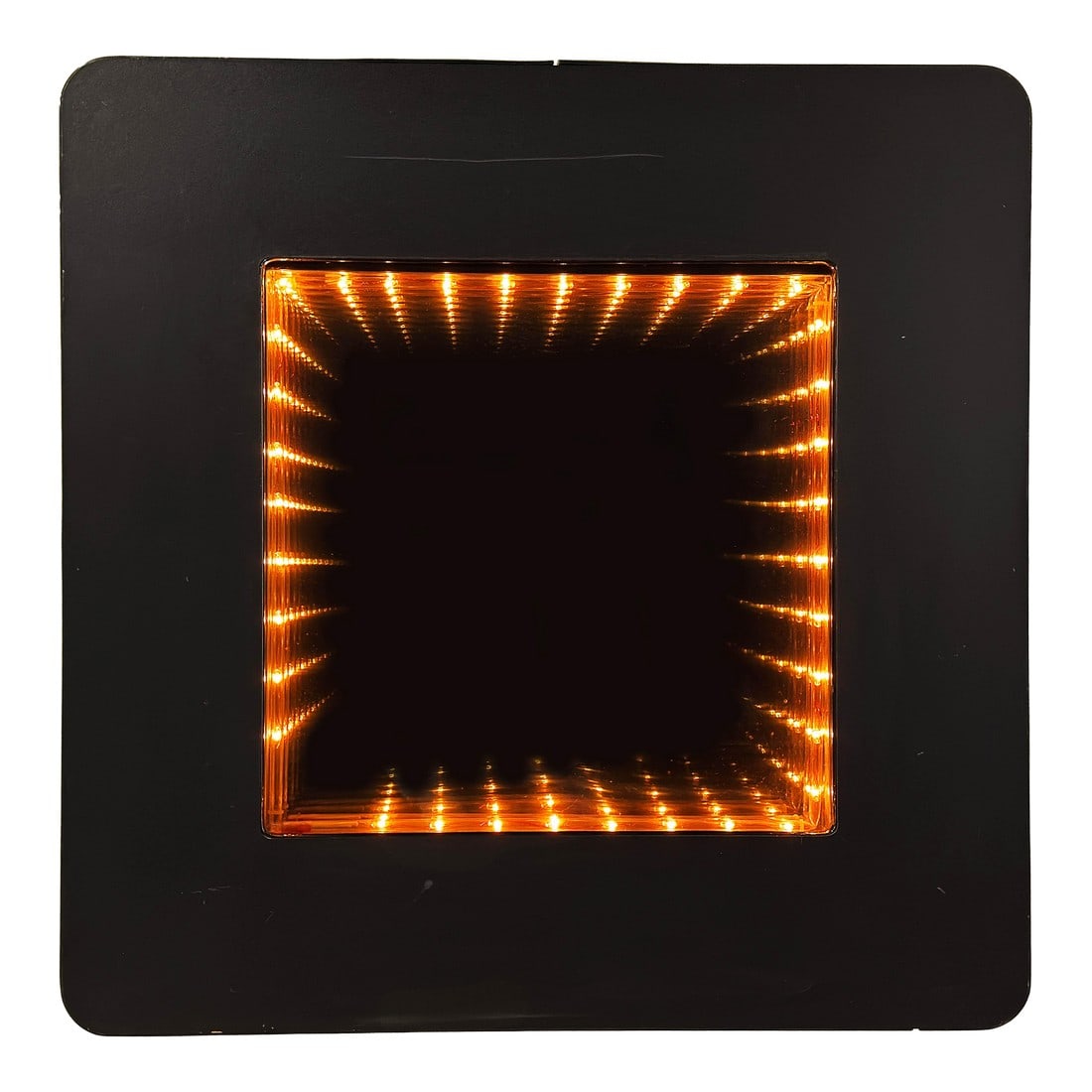 Vintage c.1970's/80's Infinity Mirror Wall Light in Matte Black: This wall-mounted infinity mirror creates the classic receding tunnel of light effect using amber bulbs set between two parallel mirrors, producing the illusion of depth in a square format. The