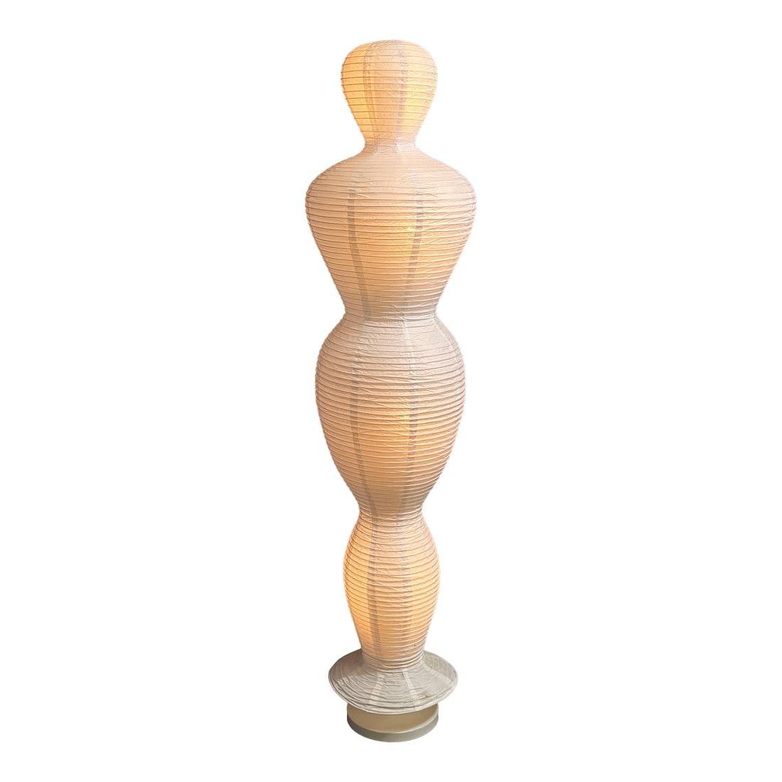 Vintage Ikea Figurative Paper Lantern Floor Lamp in the Female Form: This paper and wire floor lamp from IKEA's early 2000s catalog takes the form of a stylized female figure, with stacked bulbous sections suggesting shoulders, torso, hips, and a rounded head. When