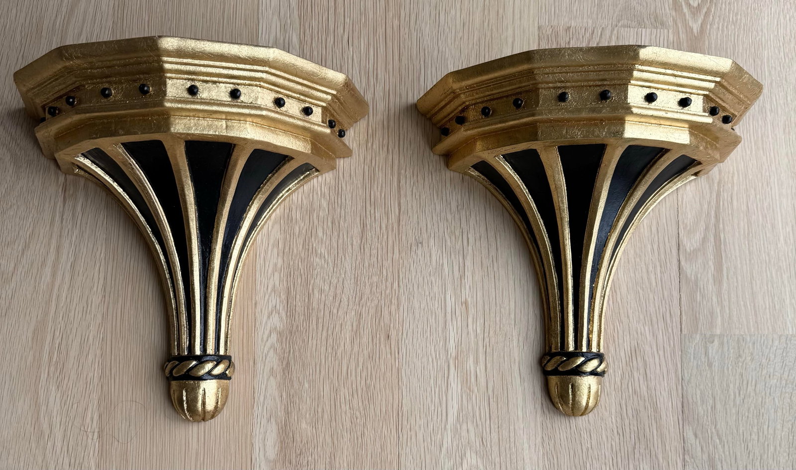 Pair of Large Vintage Gilt & Ebonized Wood Wall Brackets - 4