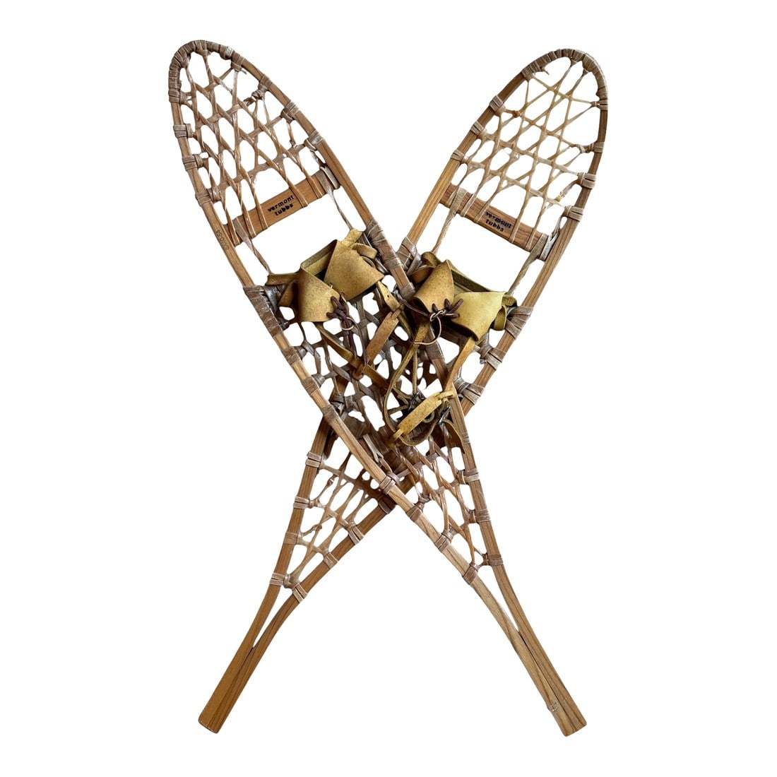 Mid 20th Century Vermont Tubbs Rawhide Leather Snowshoes Wall Decor: These vintage Vermont Tubbs snowshoes are a classic piece of winter outdoor gear originating from the company's production era in Wallingford, Vermont, between 1932 and the late 20th century. The