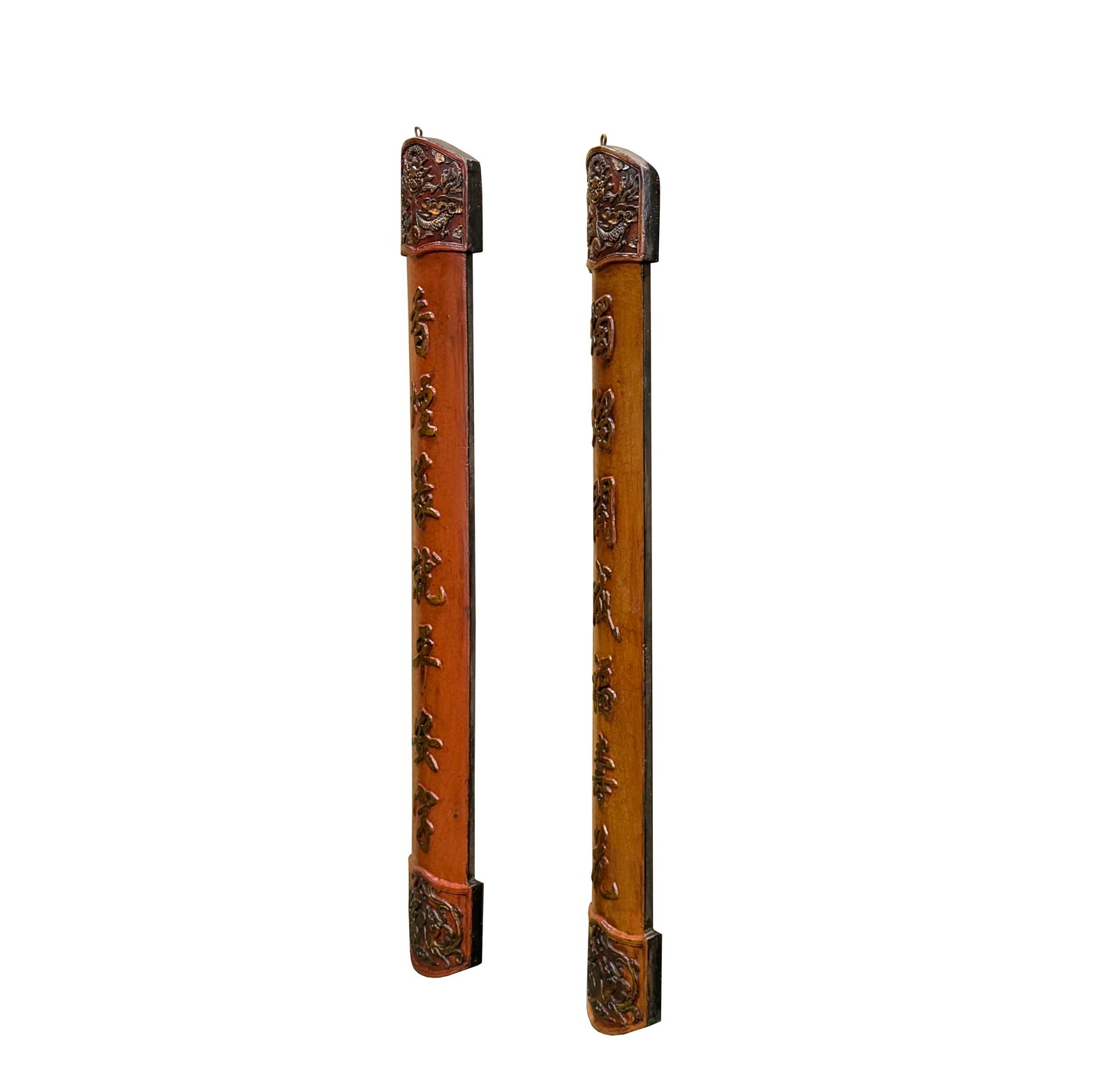 Pair Chinese Relief Characters Couplet Brick Red Golden Wood Panels - 2