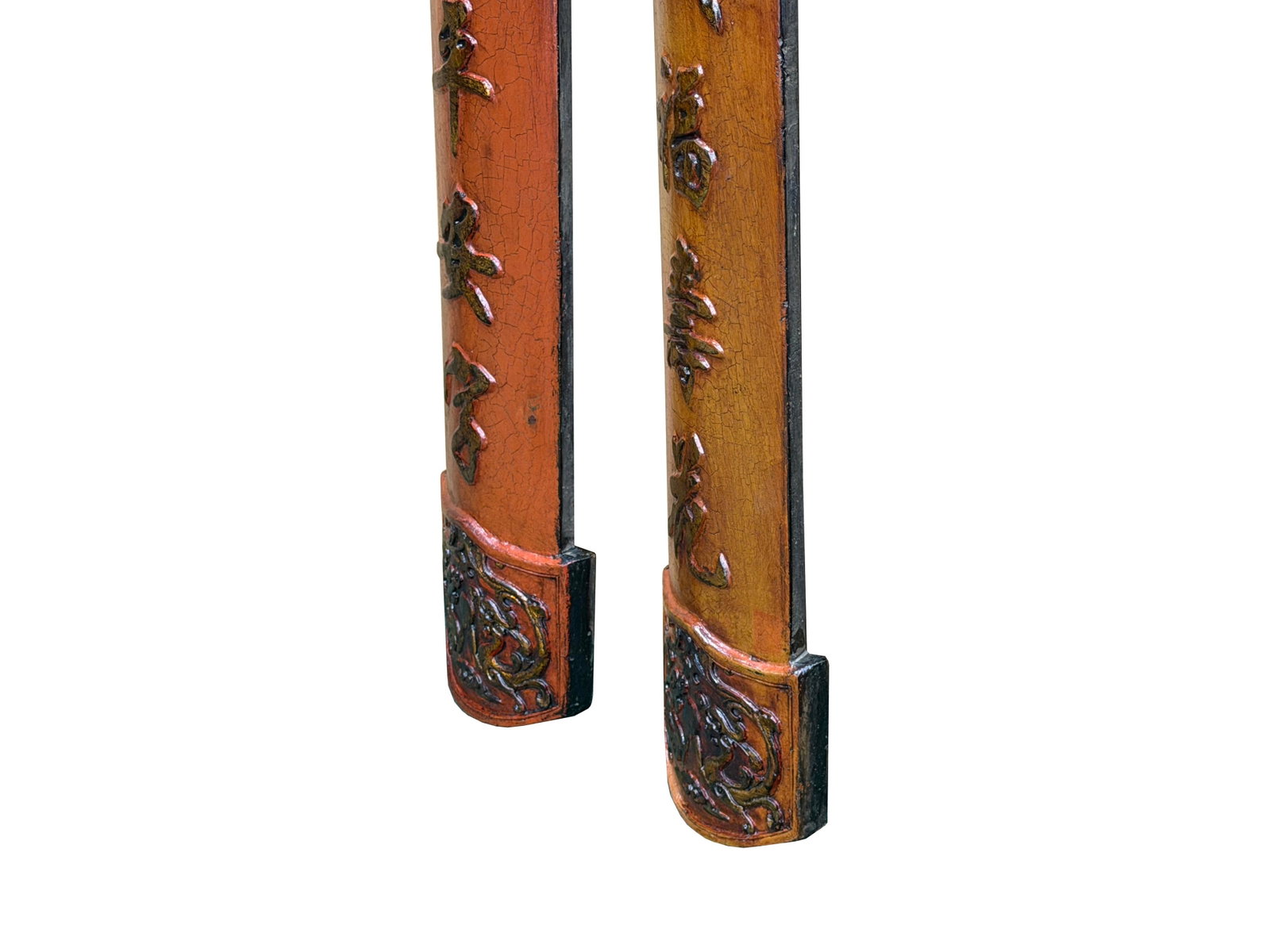 Pair Chinese Relief Characters Couplet Brick Red Golden Wood Panels - 8