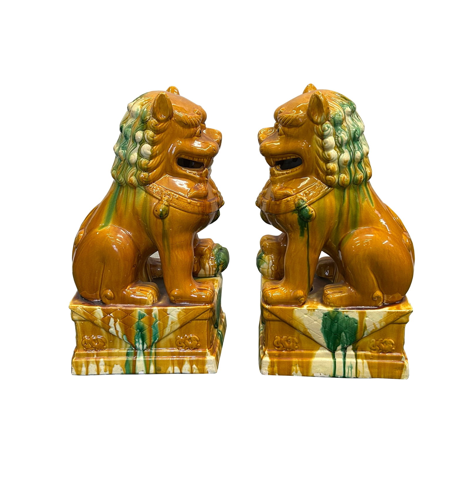 Pair Chinese Tri-Color Mustard Yellow Glaze Fengshui Lions Foo Dogs - 2