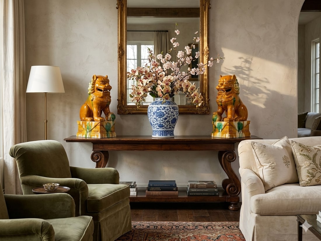 Pair Chinese Tri-Color Mustard Yellow Glaze Fengshui Lions Foo Dogs - 3