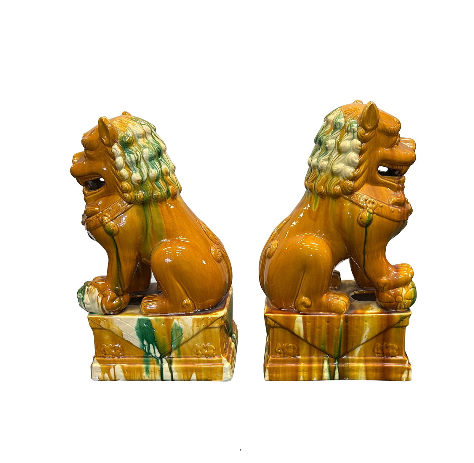 Pair Chinese Tri-Color Mustard Yellow Glaze Fengshui Lions Foo Dogs - 4