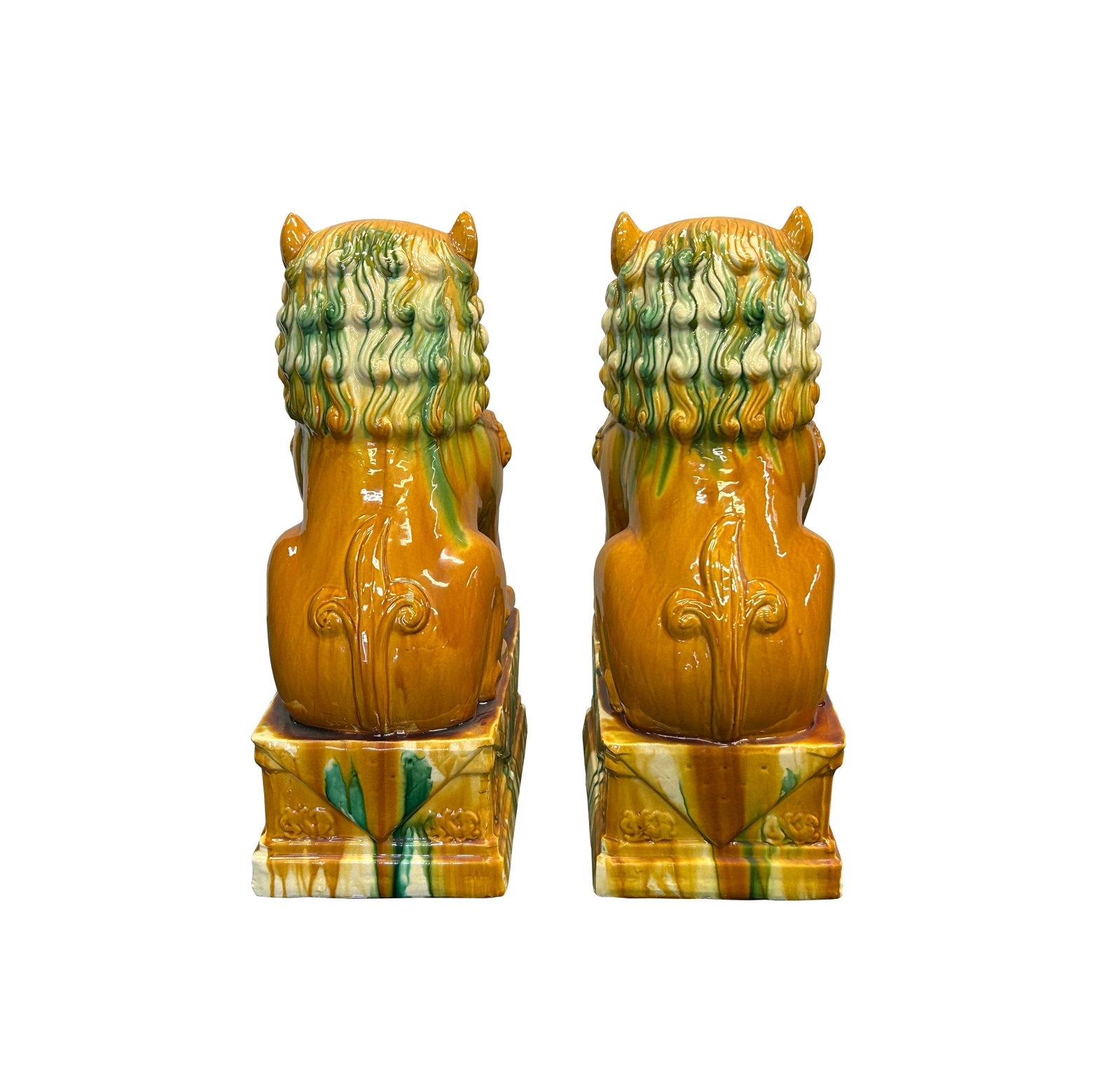 Pair Chinese Tri-Color Mustard Yellow Glaze Fengshui Lions Foo Dogs - 5