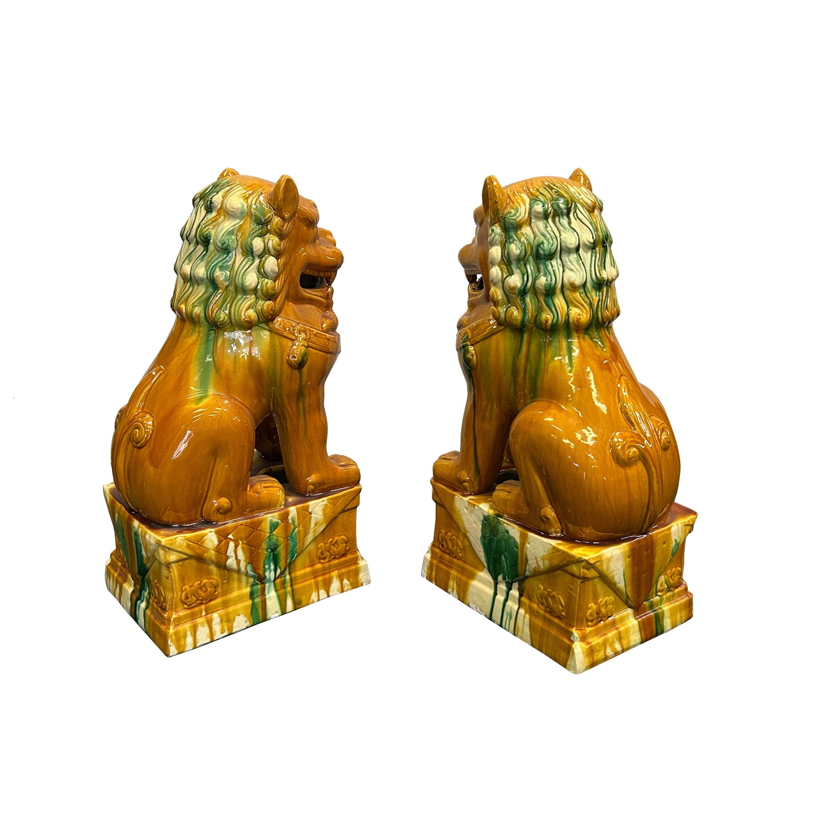 Pair Chinese Tri-Color Mustard Yellow Glaze Fengshui Lions Foo Dogs - 6
