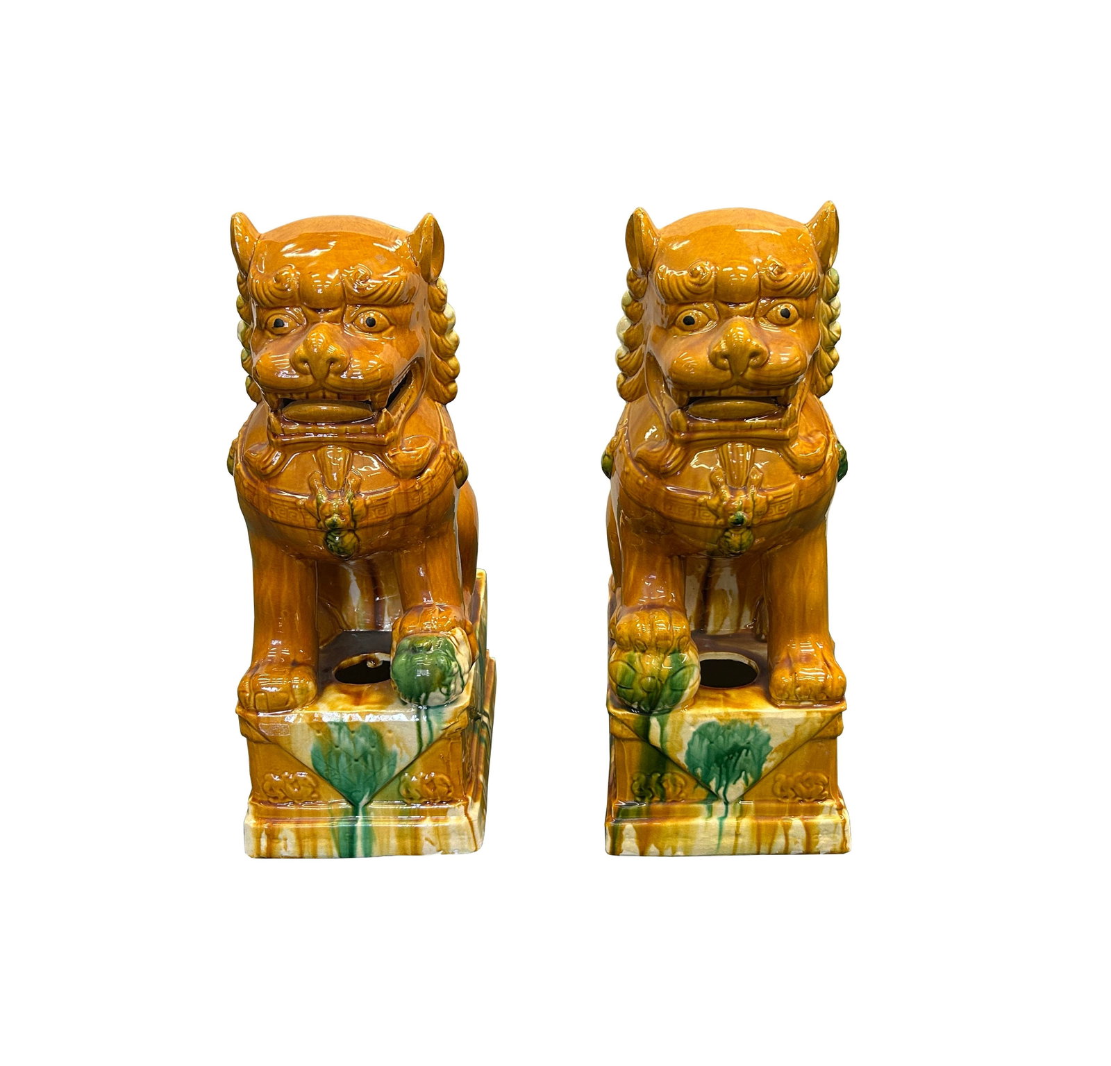 Pair Chinese Tri-Color Mustard Yellow Glaze Fengshui Lions Foo Dogs - 7