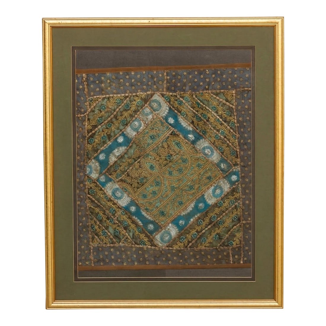 Framed Antique Metallic Embroidered Zardozi Tapestry: This is a masterful display of Zardozi, the ancient art of gold sewing. This antique textile fragment features a complex architectural composition of interlocking diamond lozenges, each bordered by ha