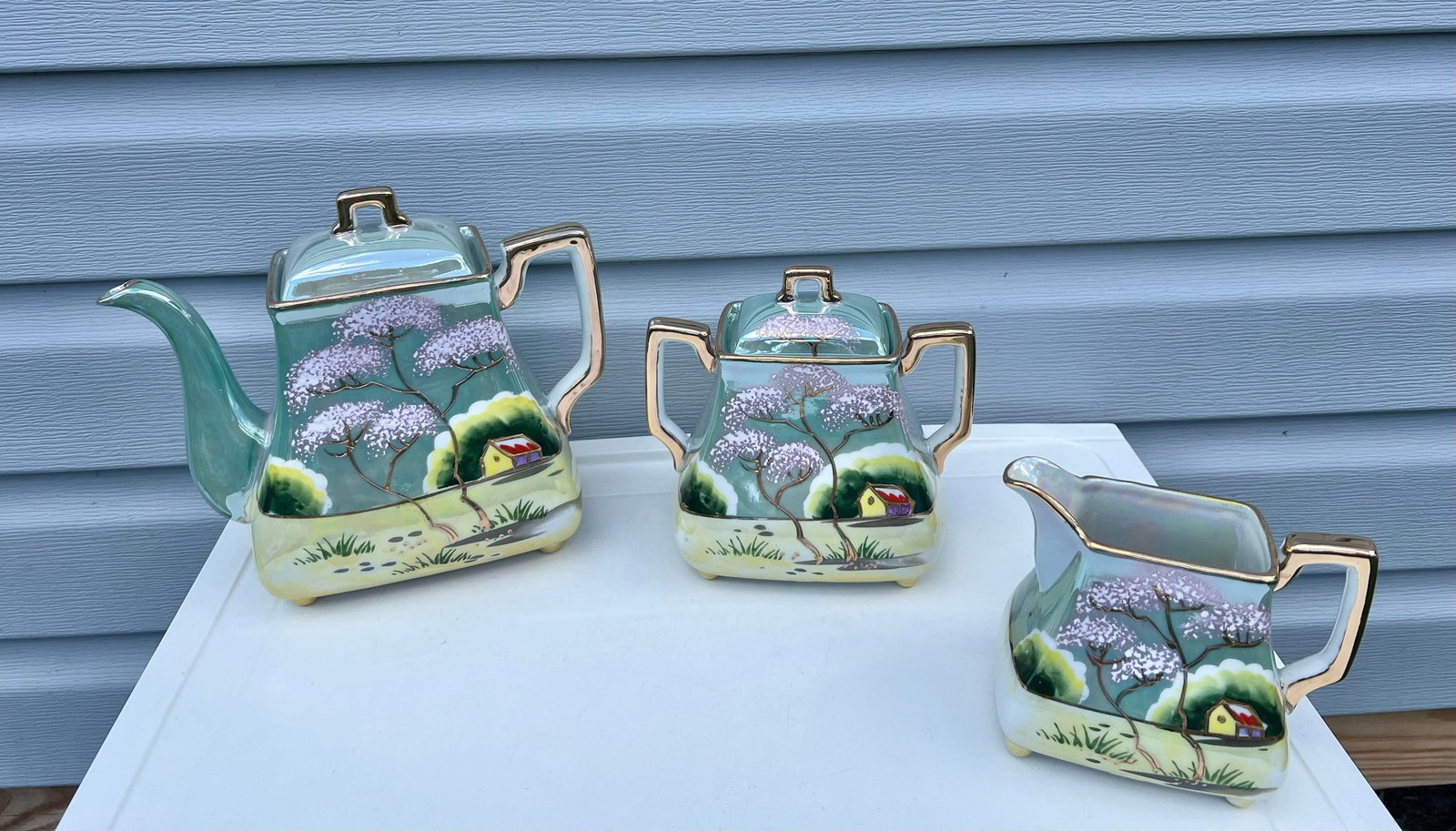1920s Japanese Cherry Blossom Lusterware Tea Set by Moriyama -17Pc - 2
