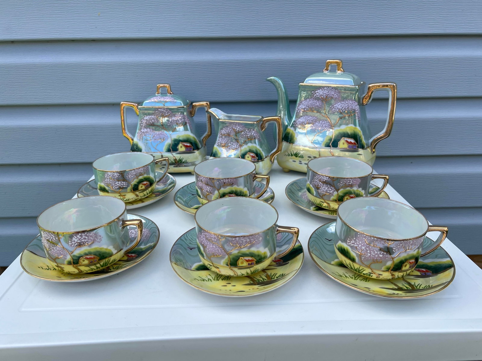 1920s Japanese Cherry Blossom Lusterware Tea Set by Moriyama -17Pc - 4
