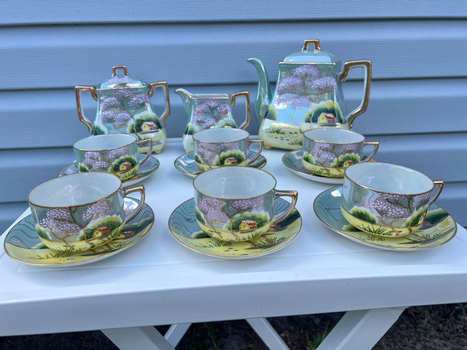 1920s Japanese Cherry Blossom Lusterware Tea Set by Moriyama -17Pc - 9