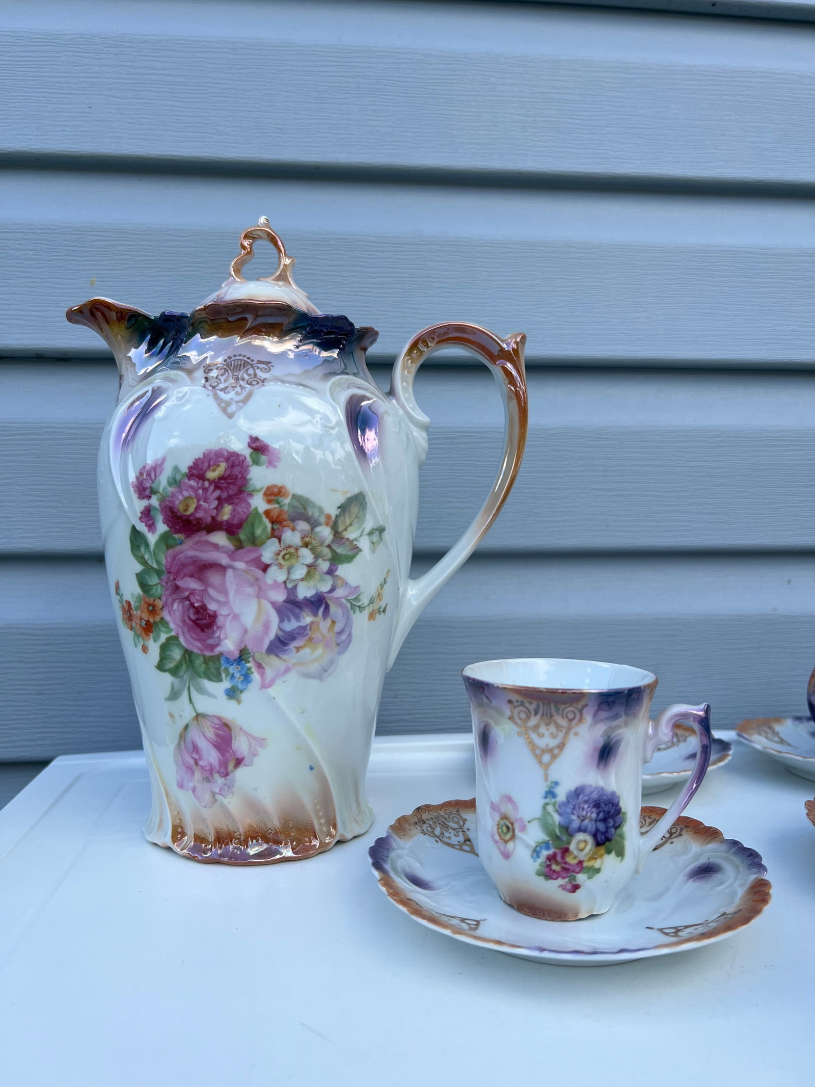 Antique Floral Porcelain Tea Set - 11 Pc - 2
