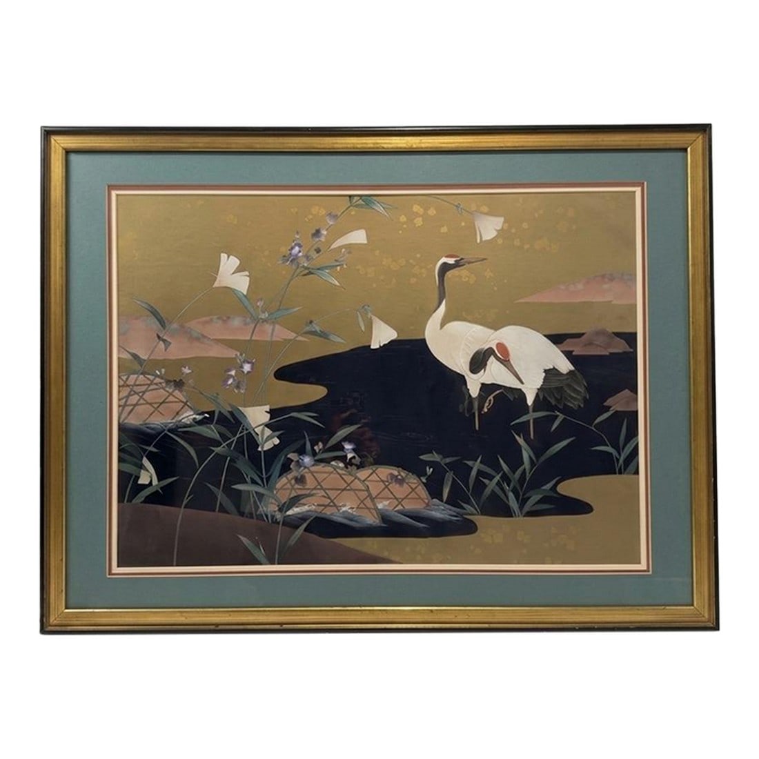 Late 20th Century Japanese Crane & Morning Glory Print by Turtle and Crane - Styled After James Mont: Turning the past into stunning decor for today. At Turtle and Crane, we are naturally drawn to the elegance of our namesake. This striking vintage Japanese-style work captures a serene scene of red-cr