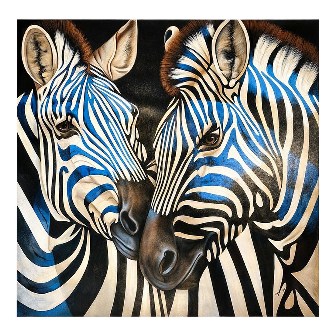 Contemporary Zebra Original Painting in Blue and Black – By P Charles, 36 X 36", Unstretched: Original oil on canvas featuring a close-up portrait of two zebras rendered in bold black, white, and vivid blue tones. The artist, P. Charles, uses strong graphic striping and subtle shading to creat