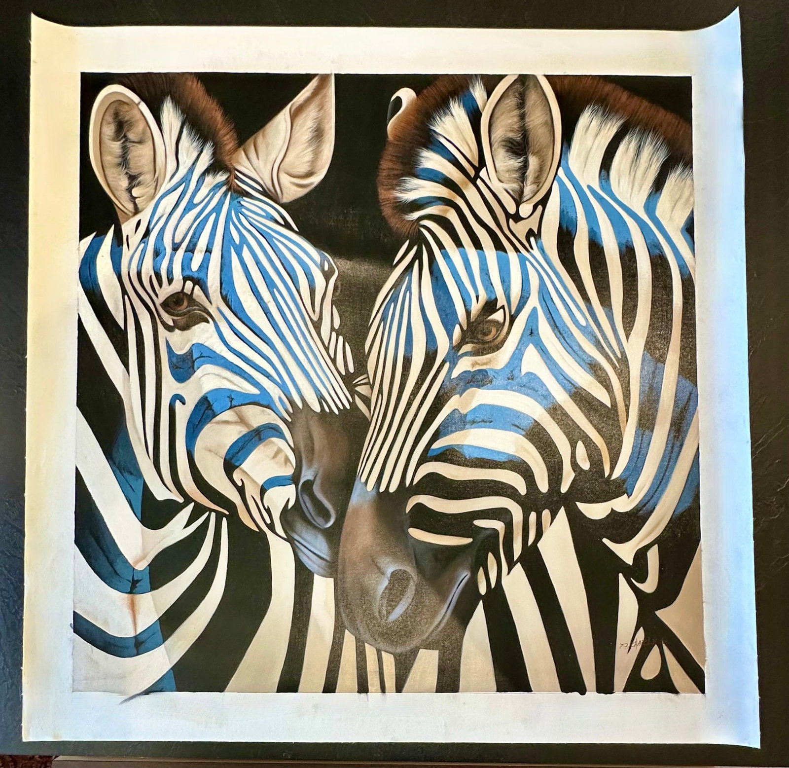 Contemporary Zebra Original Painting in Blue and Black – By P Charles, 36 X 36", Unstretched - 2