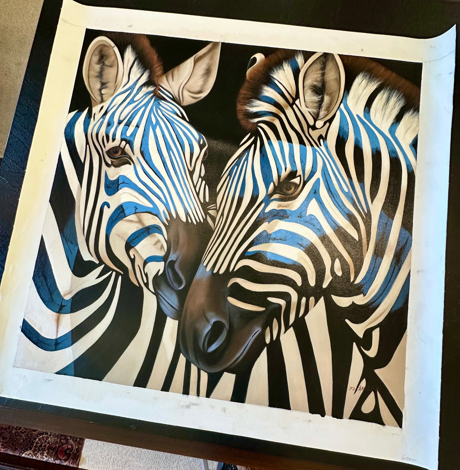 Contemporary Zebra Original Painting in Blue and Black – By P Charles, 36 X 36", Unstretched - 3