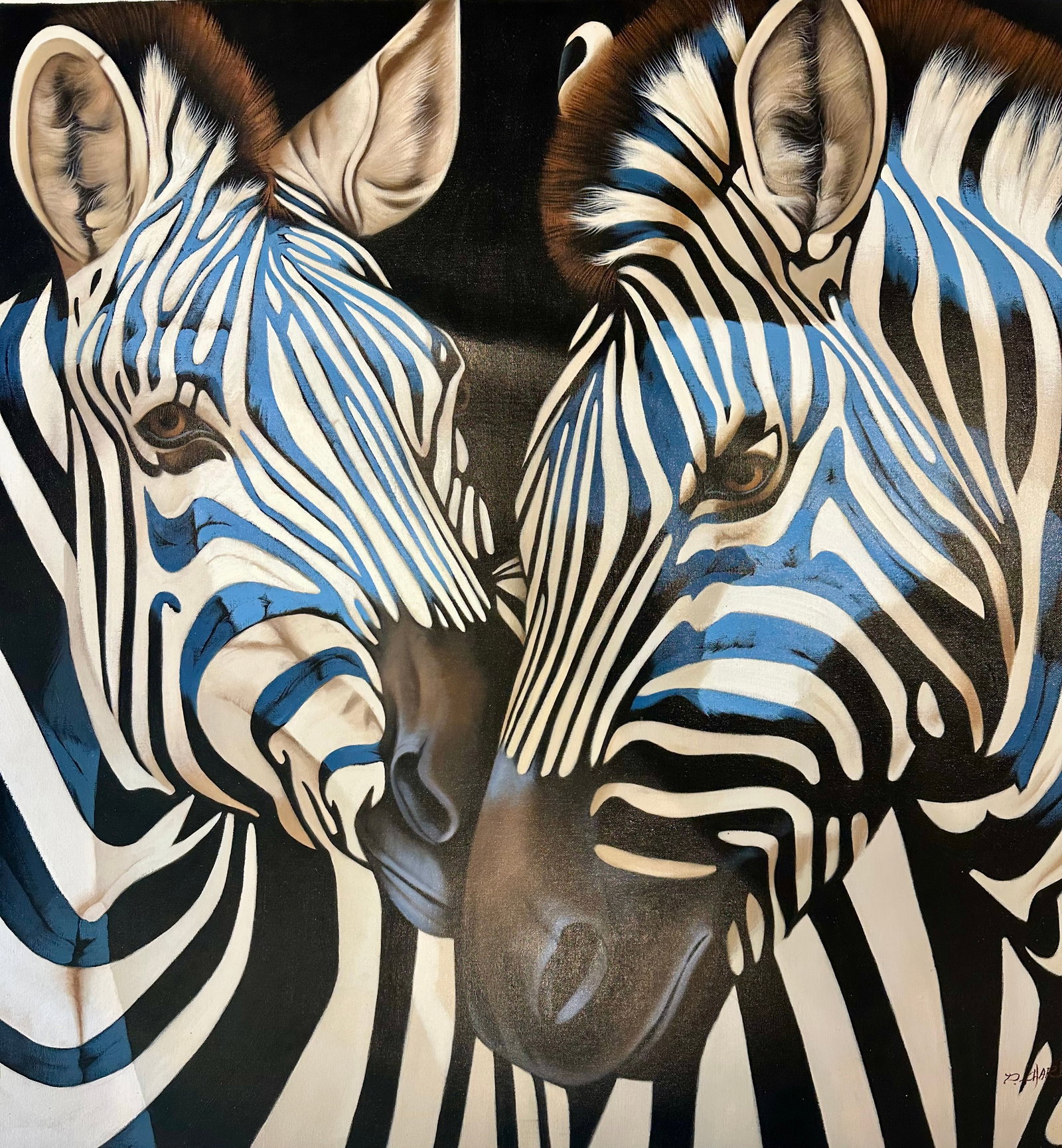 Contemporary Zebra Original Painting in Blue and Black – By P Charles, 36 X 36", Unstretched - 4