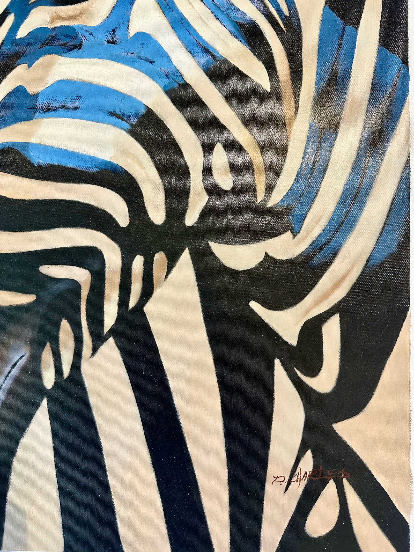 Contemporary Zebra Original Painting in Blue and Black – By P Charles, 36 X 36", Unstretched - 6