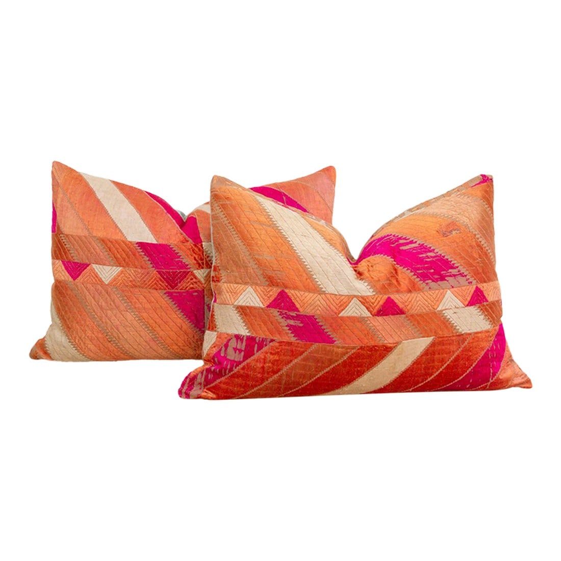 Jalandhar Mirror, Set of 2 Heirloom Bagh Phulkari Pillows: This curated set of two 16x24 inch lumbar pillows represents a profound example of Museum-Grade Phulkari, repurposed from a single, rare 19th-century Heirloom Bagh. Known as the "Garden of Flowers,"