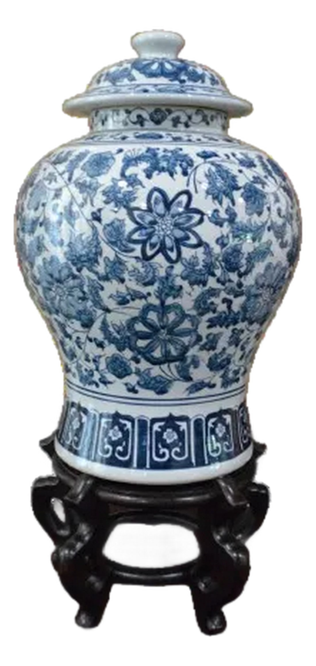 Large Mid 20th Century Hand-Painted Porcelain Ginger Jar on Chinese Wood Stand (1 of 5)