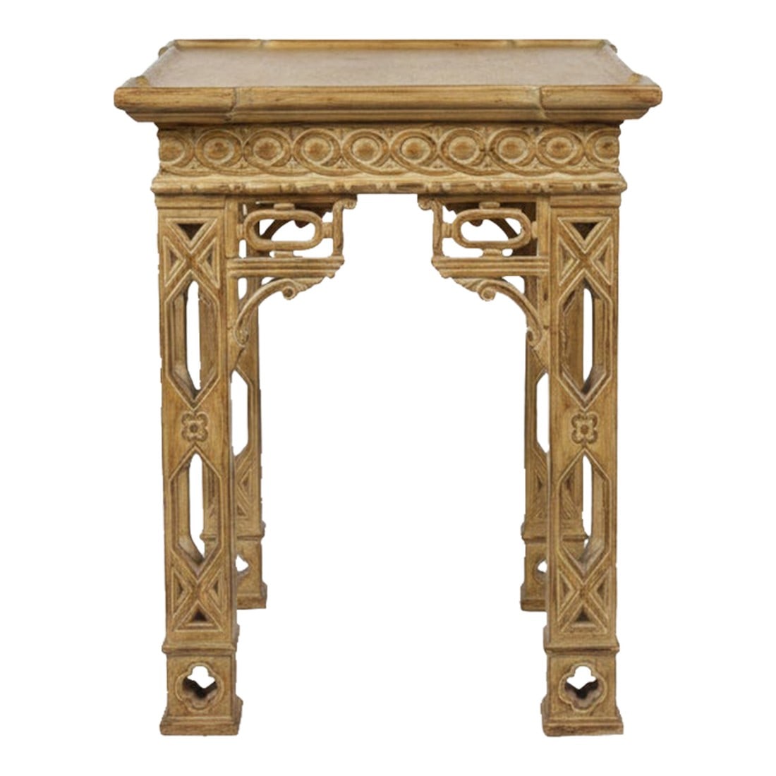 Pair of Vintage, Rare, Monumental, Faux Bamboo, Chinoiserie, Mid Century, Accent Tables: Description A striking pair of vintage chinoiserie accent tables with faux bamboo styling, pierced geometric legs, and richly carved apron detailing. Exceptionally generous in scale at 30" square by 3