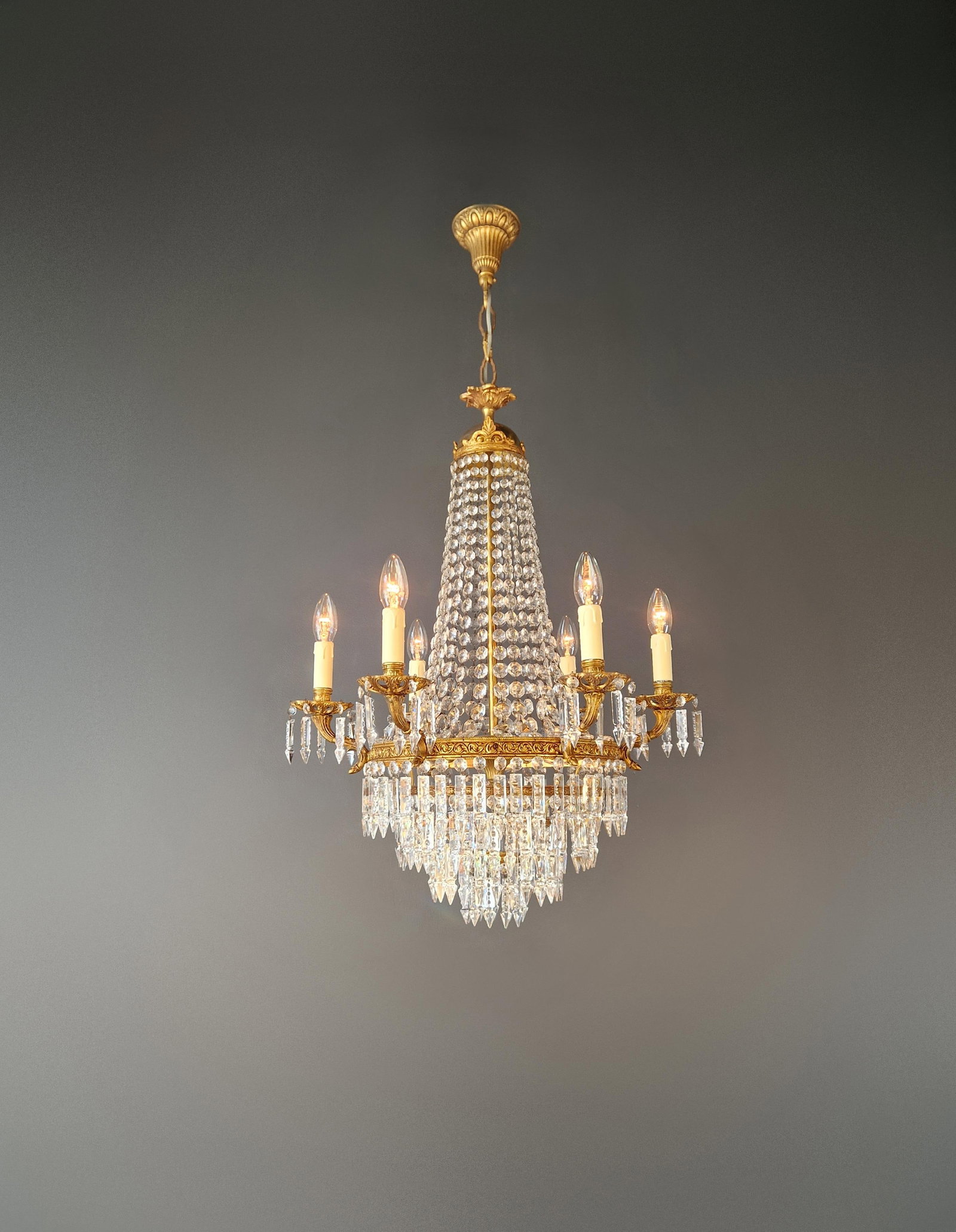 Antique Italian Baroque Style Crystal Chandelier Brass Basket Form Restored - 2