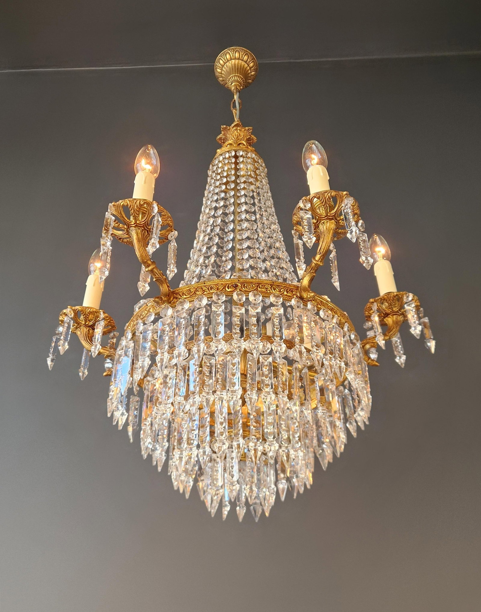 Antique Italian Baroque Style Crystal Chandelier Brass Basket Form Restored - 3