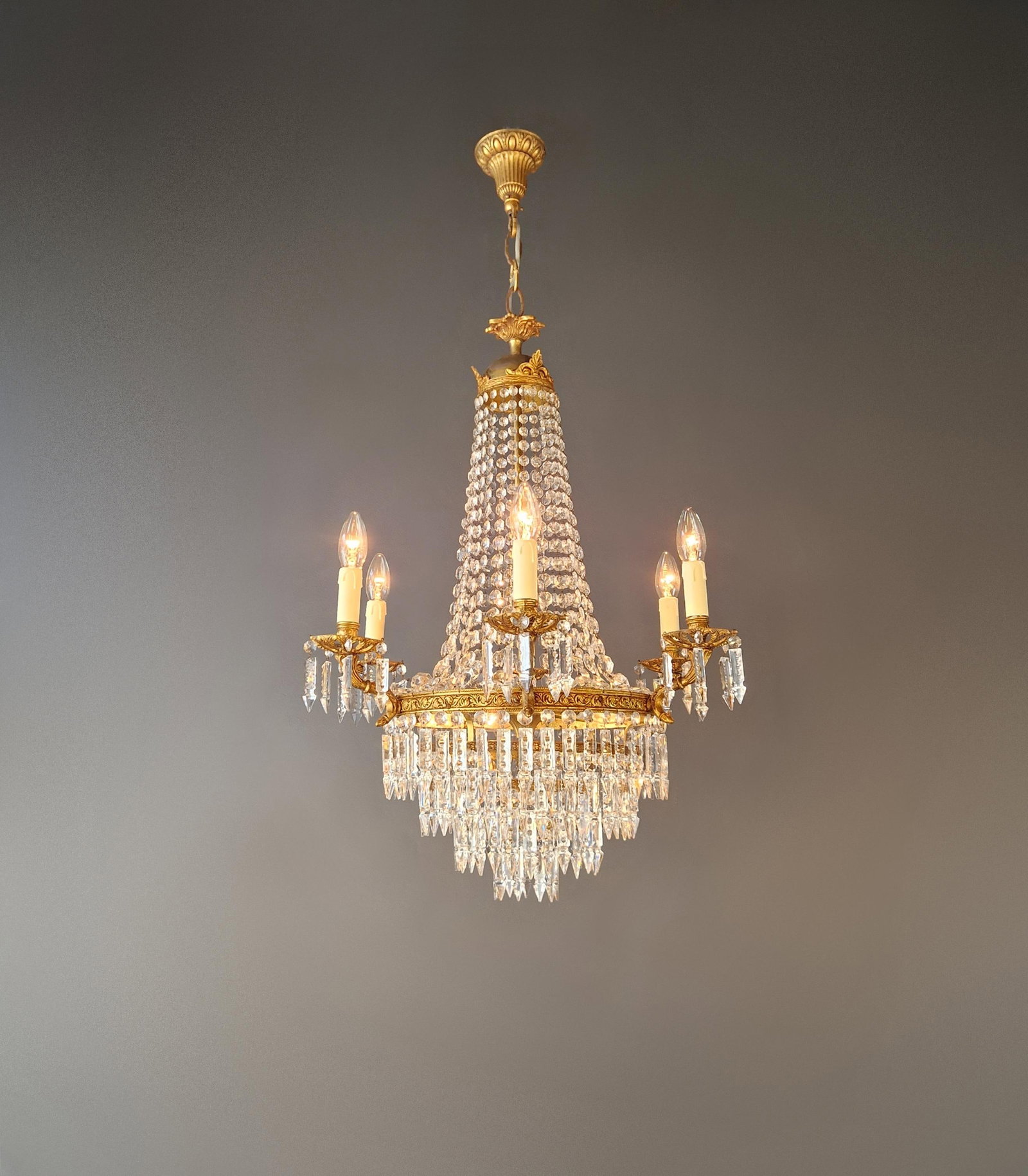 Antique Italian Baroque Style Crystal Chandelier Brass Basket Form Restored - 4