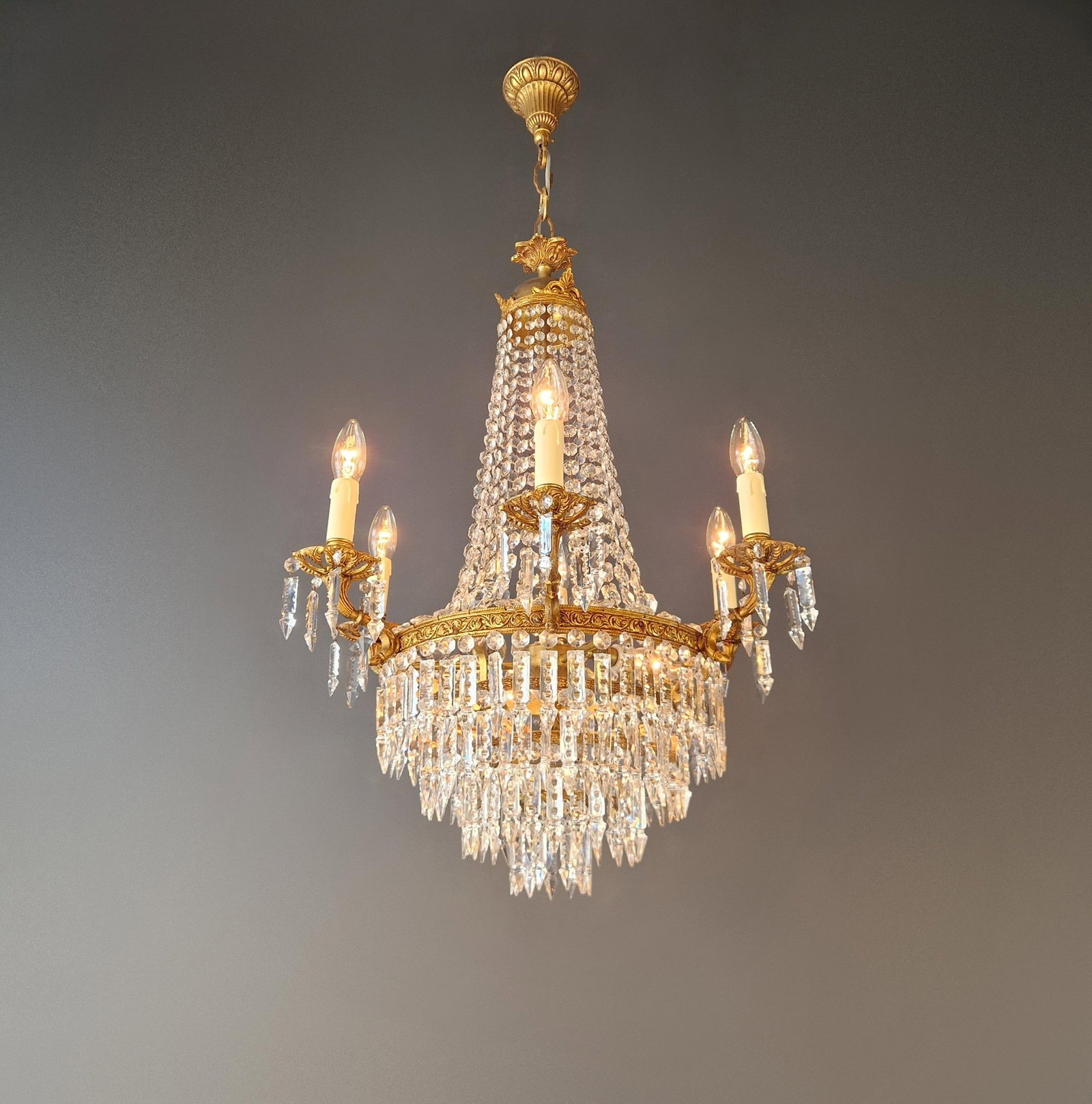 Antique Italian Baroque Style Crystal Chandelier Brass Basket Form Restored - 5