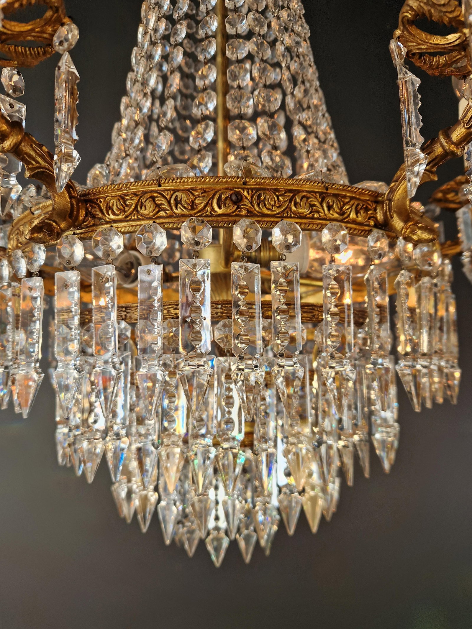 Antique Italian Baroque Style Crystal Chandelier Brass Basket Form Restored - 6