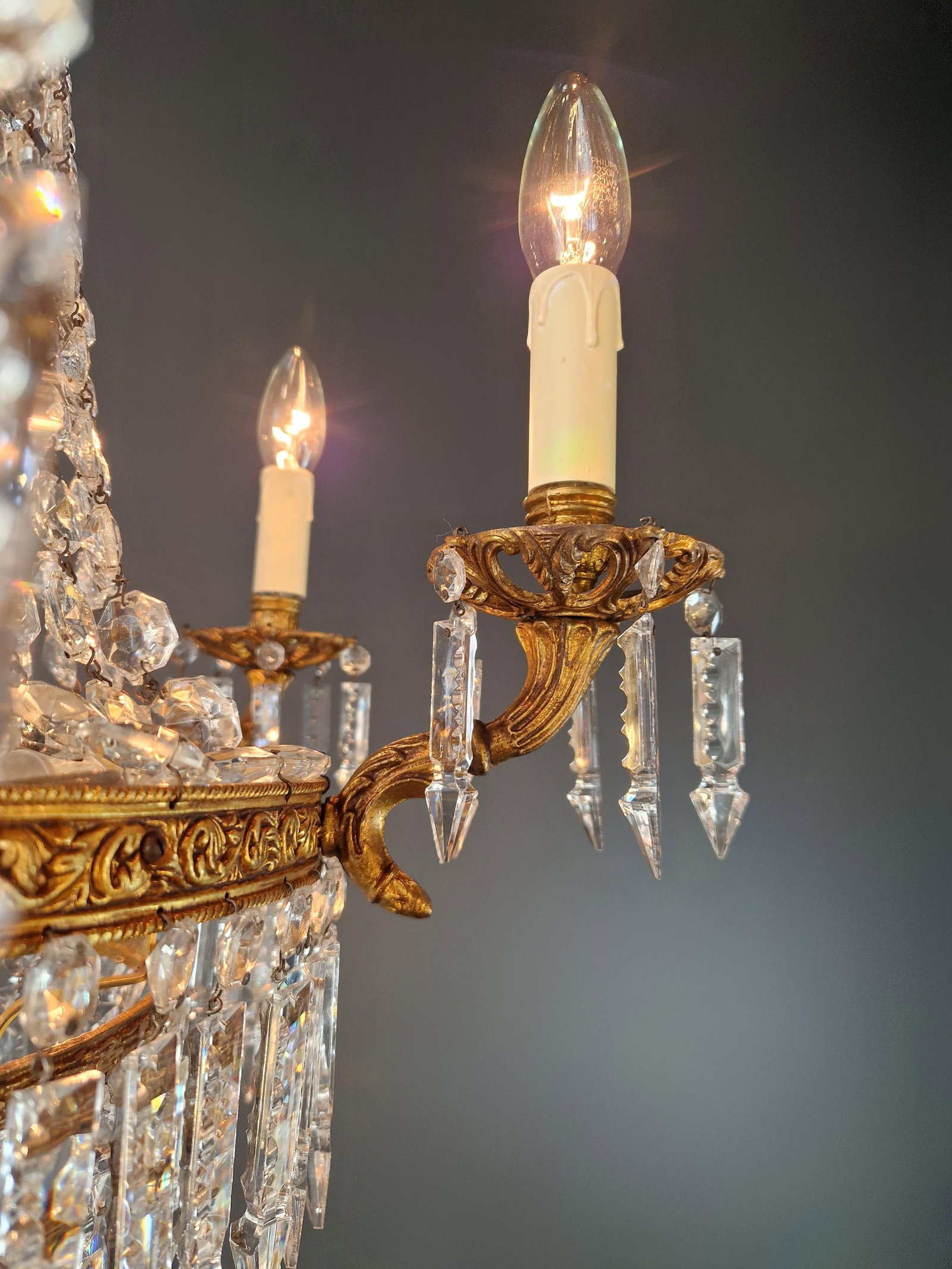 Antique Italian Baroque Style Crystal Chandelier Brass Basket Form Restored - 7