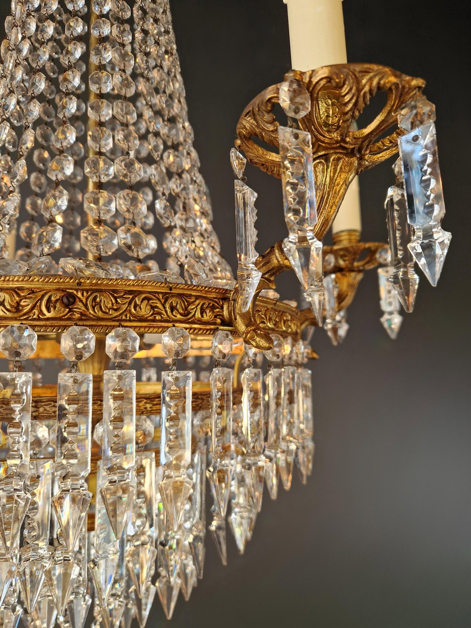 Antique Italian Baroque Style Crystal Chandelier Brass Basket Form Restored - 8