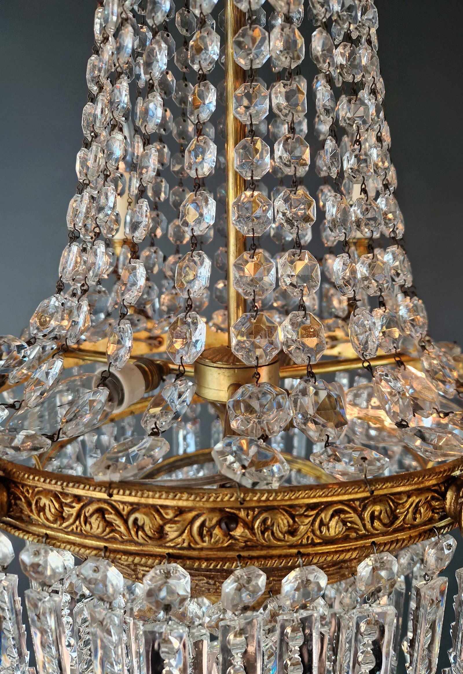 Antique Italian Baroque Style Crystal Chandelier Brass Basket Form Restored - 9