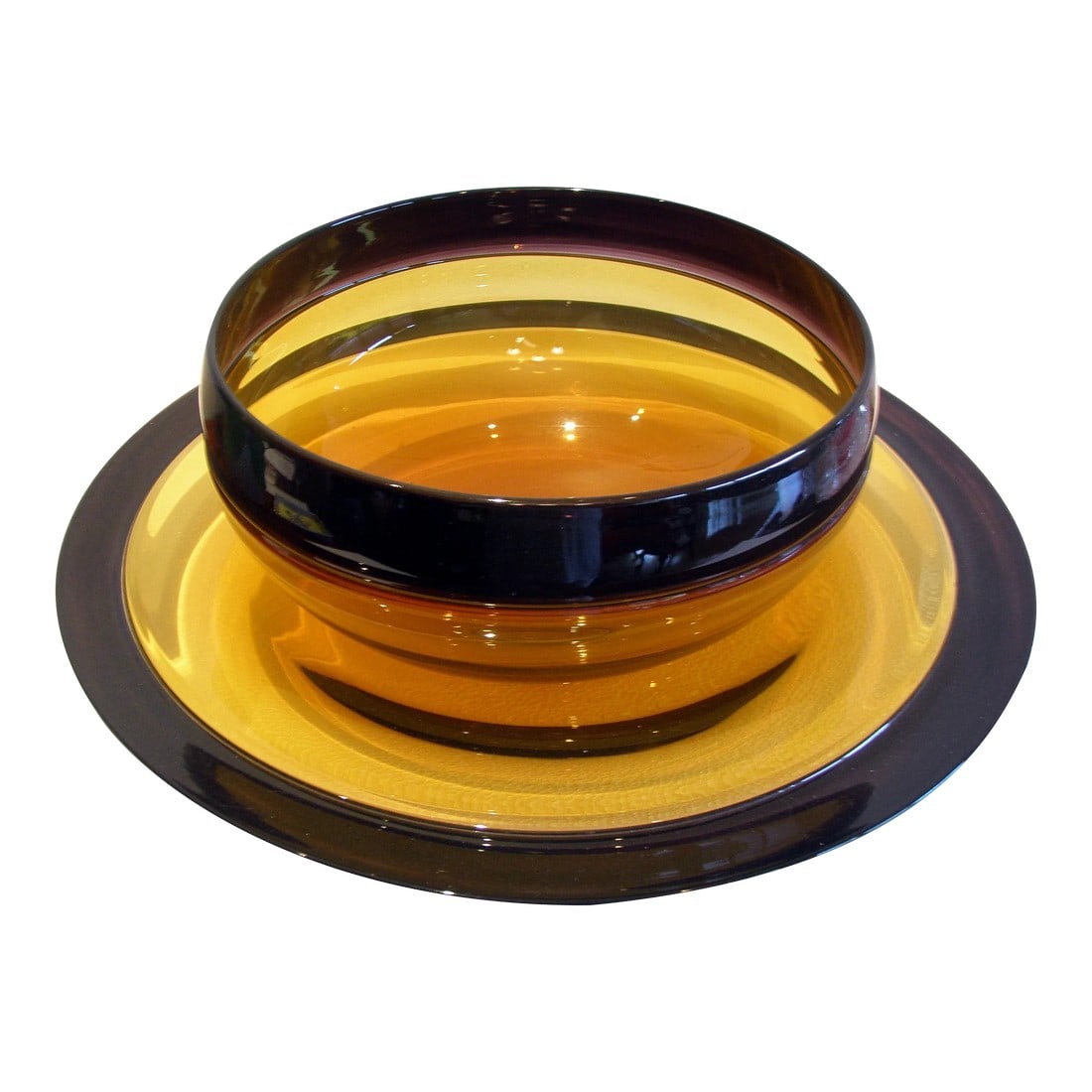 1980s Correia Handblown Glass Bowl & Platter Set- 2 Pieces: Correia Art Glass matching set with bowl (12 x 5") and platter (18 x 2"). Correia Art Glass is of the highest quality and most elegant design. Its allure is the visual aesthetic of color, form and