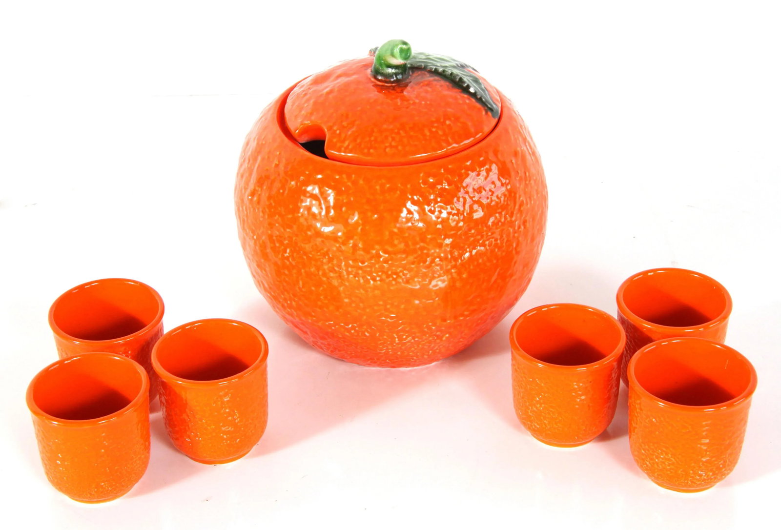 Vintage Italian Majolica Figural Orange Punch Bowl & 6 Glasses - Set of 7 - 2