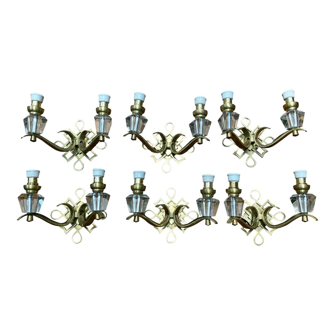 1950s Vintage Jules Leleu French Art Deco Brass Wall Sconces - Set of 6: Jules Leleu polished brass and glass pair of sconces, attributed to Jules Leleu. Three pairs available. Professionally rewired. Original porcelain socket. Total of 6 sconces available. Sold as a set o