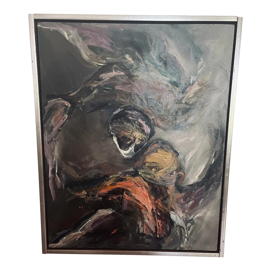 1970s Abstract Figures Dancing Original Oil Painting on Board, Framed: This 1970s oil painting depicts abstracted shadow figures caught in a dance, rendered in predominantly monochromatic grey tones. Subtle swatches of orange, purple, and mustard yellow add depth and