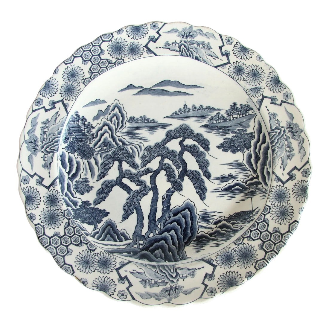 Antique 19th Century Japanese Meiji Blue & White Pottery 16" Serving Platter (1 of 12)