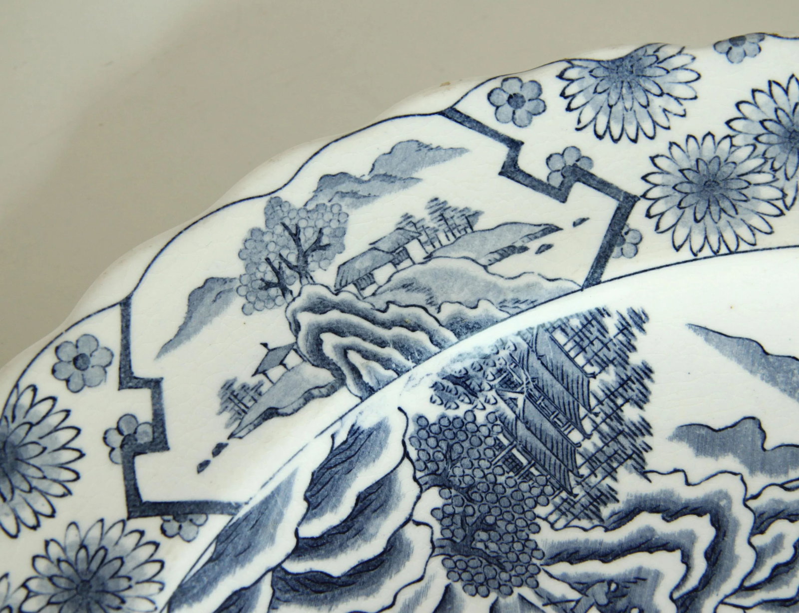 Antique 19th Century Japanese Meiji Blue & White Pottery 16" Serving Platter - 2