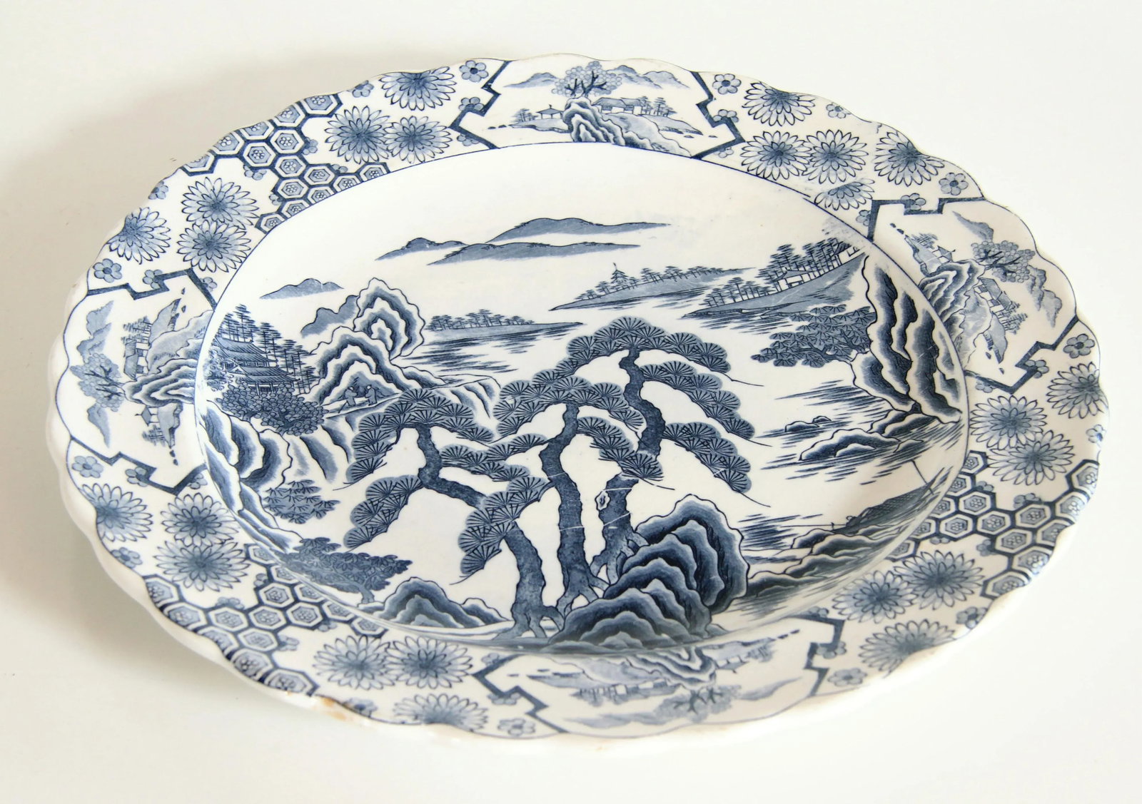 Antique 19th Century Japanese Meiji Blue & White Pottery 16" Serving Platter - 3
