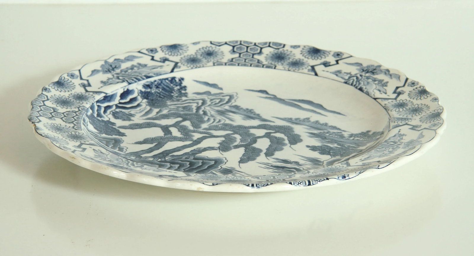 Antique 19th Century Japanese Meiji Blue & White Pottery 16" Serving Platter - 4
