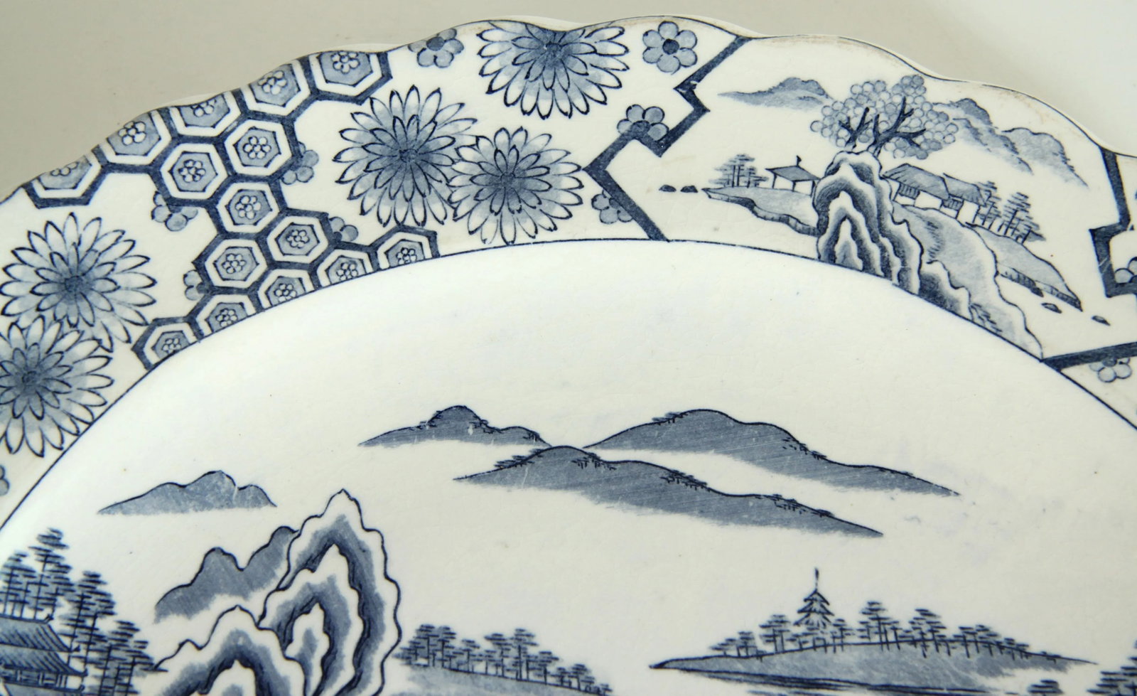 Antique 19th Century Japanese Meiji Blue & White Pottery 16" Serving Platter - 5